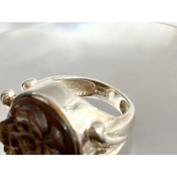 Hand Carved Wood Floral Shaped 925 Sterling Silver Statement Vintage Ring - sz 7 - Picture 2 of 11